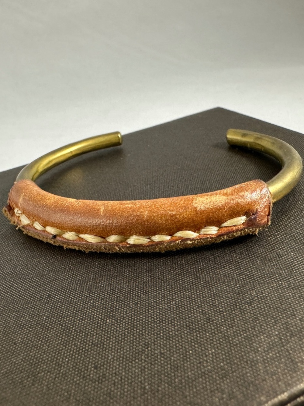 Artisan Handcrafted Solid Brass Cuff Bracelet with Stitched Leather Wrap